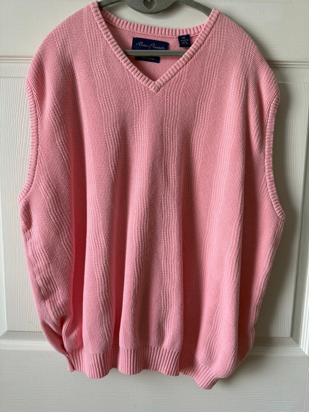 Alan Flusser Pink Textured Knit Cotton V Neck Sweater Vest Mens XXL Golf Preppy